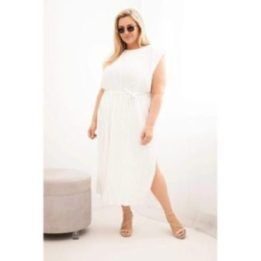 Moteriška Plus Size midi suknelė su surišimu ties juosmeniu, ekru spalvos