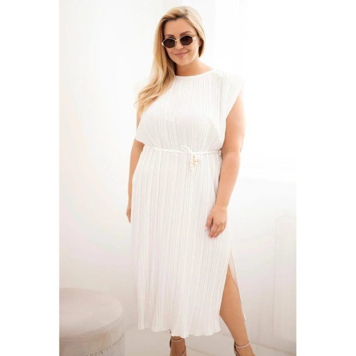 Moteriška Plus Size midi suknelė su surišimu ties juosmeniu, ekru spalvos