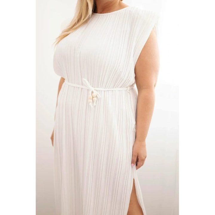 Moteriška Plus Size midi suknelė su surišimu ties juosmeniu, ekru spalvos