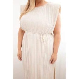 Moteriška Plus Size midi suknelė su surišimu ties juosmeniu, smėlio spalvos