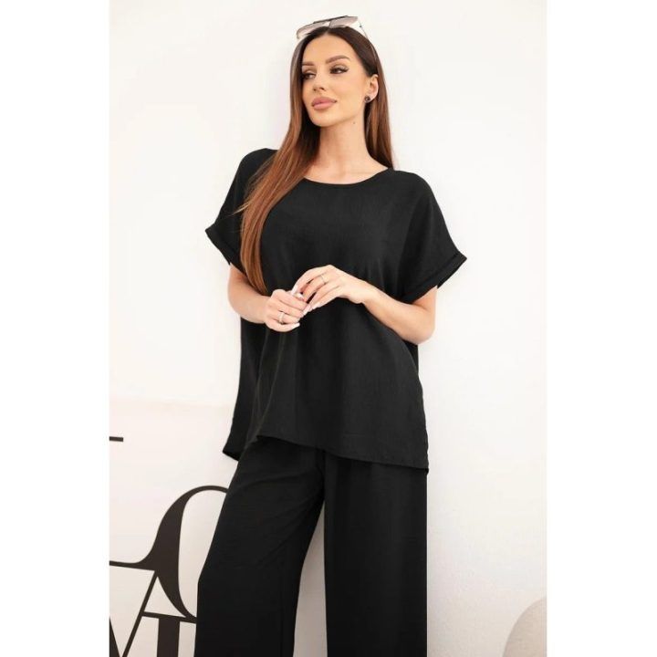 Moteriškas Plus Size komplektas su palaidine ir plačiomis kelnėmis, juodas