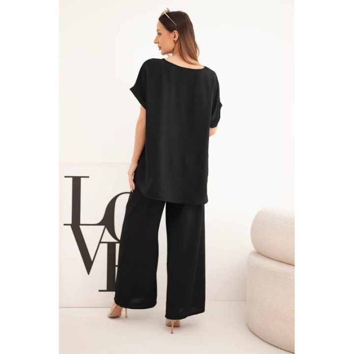 Moteriškas Plus Size komplektas su palaidine ir plačiomis kelnėmis, juodas