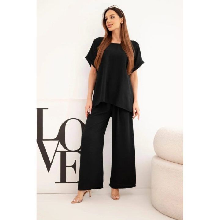 Moteriškas Plus Size komplektas su palaidine ir plačiomis kelnėmis, juodas