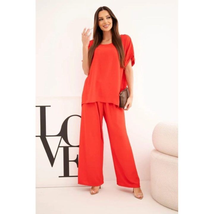 Moteriškas Plus Size komplektas su palaidine ir plačiomis kelnėmis, raudonas