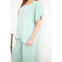 Moteriškas Plus Size komplektas su palaidine ir plačiomis kelnėmis, tamsios mėtų spalvos