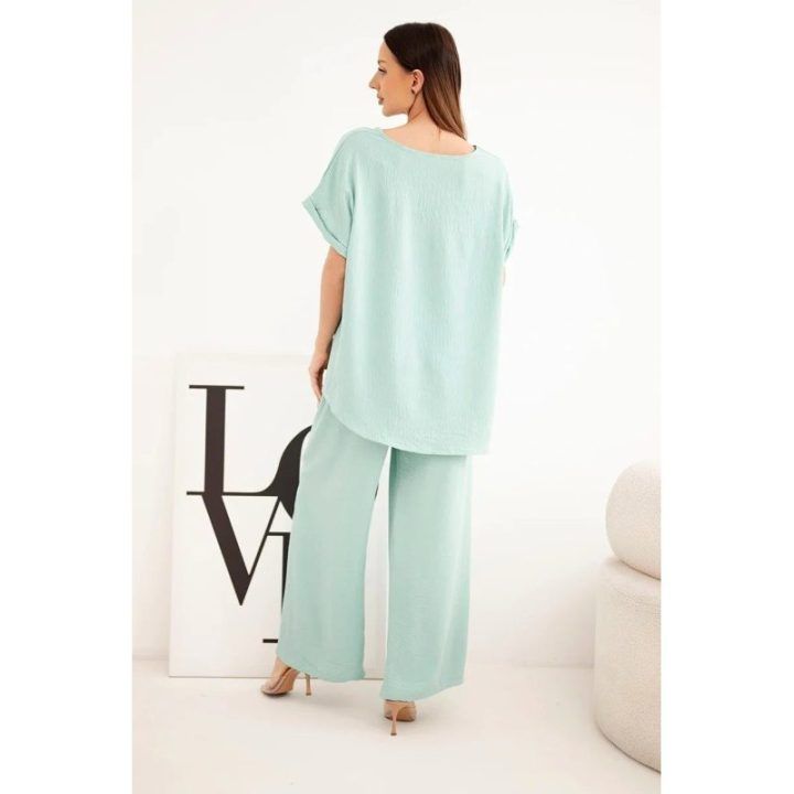 Moteriškas Plus Size komplektas su palaidine ir plačiomis kelnėmis, tamsios mėtų spalvos