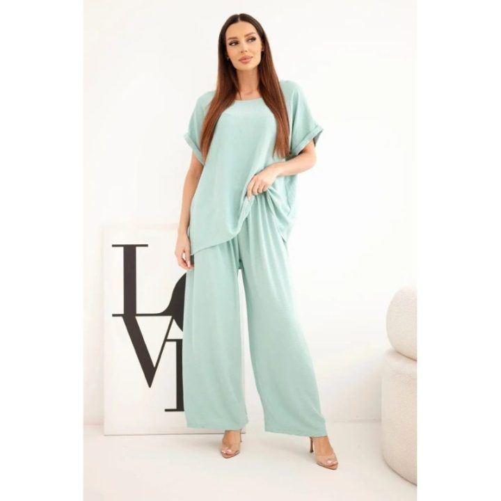 Moteriškas Plus Size komplektas su palaidine ir plačiomis kelnėmis, tamsios mėtų spalvos