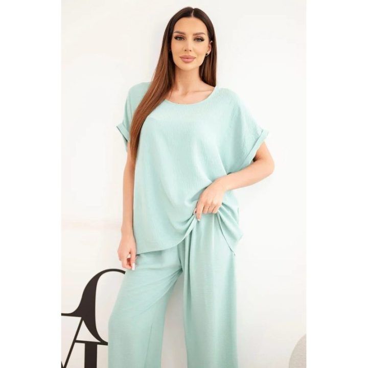 Moteriškas Plus Size komplektas su palaidine ir plačiomis kelnėmis, tamsios mėtų spalvos