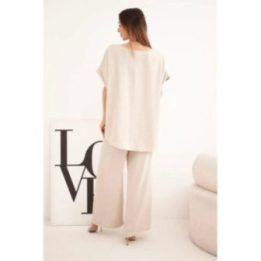 Moteriškas Plus Size komplektas su palaidine ir plačiomis kelnėmis, smėlio spalvos