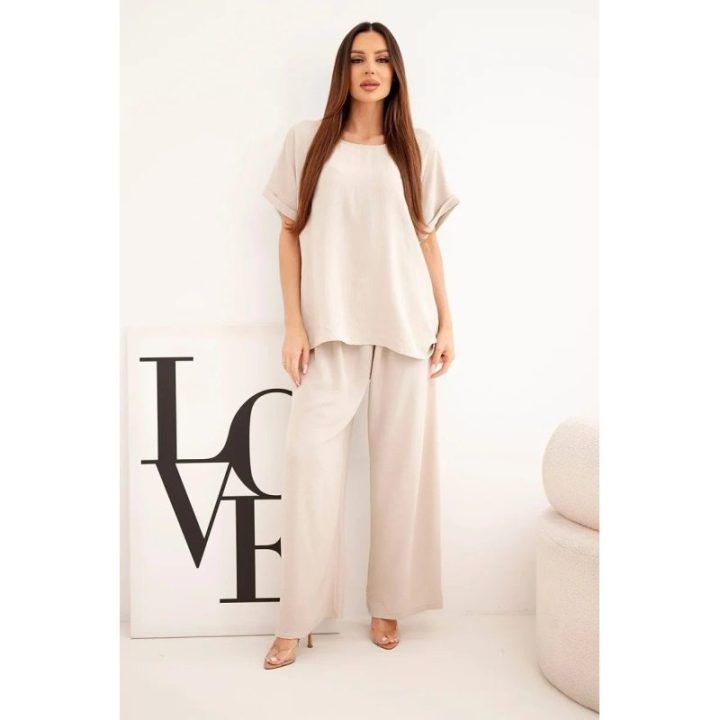 Moteriškas Plus Size komplektas su palaidine ir plačiomis kelnėmis, smėlio spalvos