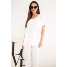 Moteriškas Plus Size komplektas su palaidine ir plačiomis kelnėmis, ekru spalvos