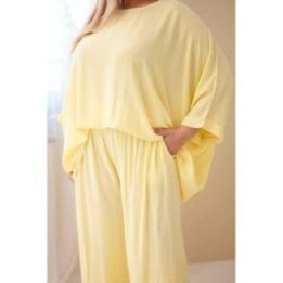 Moteriškas Plus Size viskozinis komplektas su plačiomis kelnėmis ir palaidine, geltonas