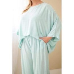 Moteriškas Plus Size viskozės komplektas su plačiomis kelnėmis ir palaidine, mėtų spalvos