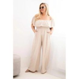 Moteriškas Plus Size kombinezonas su raukiniais ir trumpomis rankovėmis, smėlio spalvos