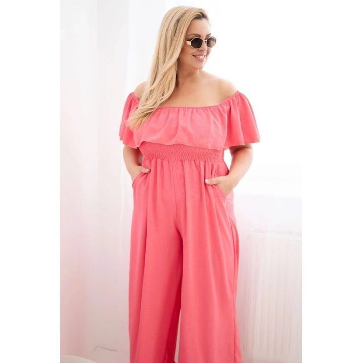 Moteriškas Plus Size kombinezonas su raukiniais ir trumpomis rankovėmis, rožinis