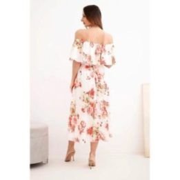 Moteriška off-shoulder midi suknelė su gėlių raštu, raudona
