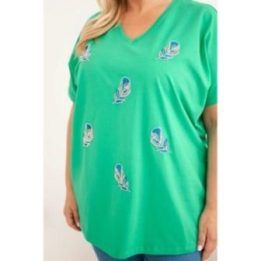 Moteriška Plus Size medvilninė palaidinė su plunksnų aplikacijomis, žalia
