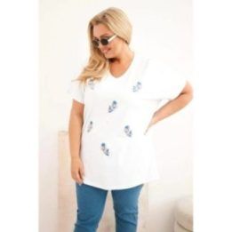 Moteriška Plus Size medvilninė palaidinė su piórų aplikacijomis, balta