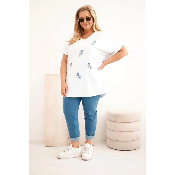 Moteriška Plus Size medvilninė palaidinė su piórų aplikacijomis, balta