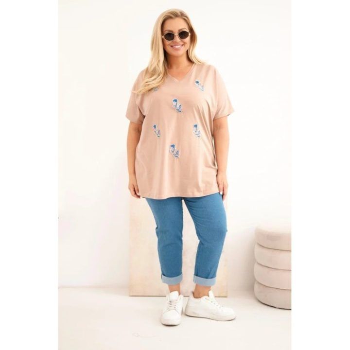 Moteriška medvilninė Plus Size palaidinė su plunksnų aplikacijomis, smėlio spalvos
