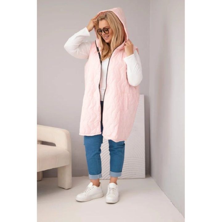 Moteriška Plus Size dygsniuota liemenė su gobtuvu, rožinė