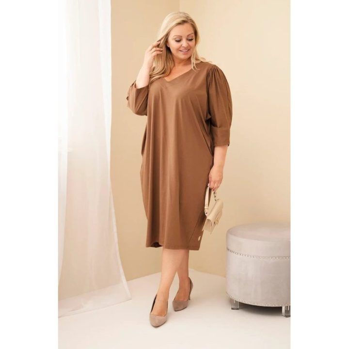 Moteriška Plus Size suknelė su kišenėmis, kapučino spalvos