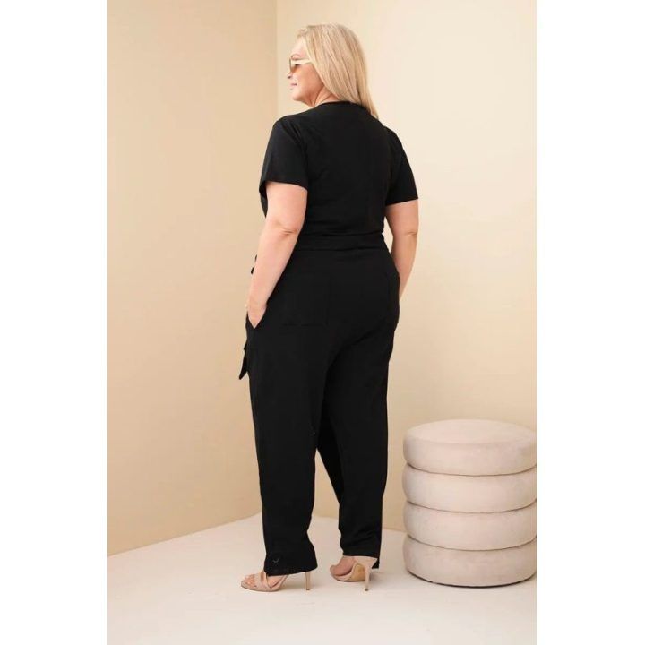Moteriškas Plus Size kombinezonas su surišimu ties juosmeniu, juodas
