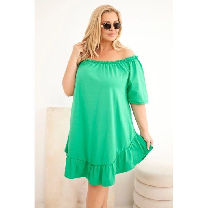 Moteriška Plus Size medvilninė suknelė su raukiniais, žalia