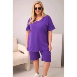 Moteriškas Plus Size medvilninis komplektas su palaidine ir šortais, violetinis