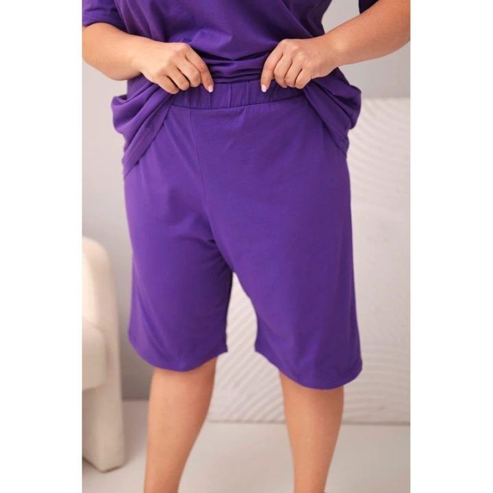 Moteriškas Plus Size medvilninis komplektas su palaidine ir šortais, violetinis