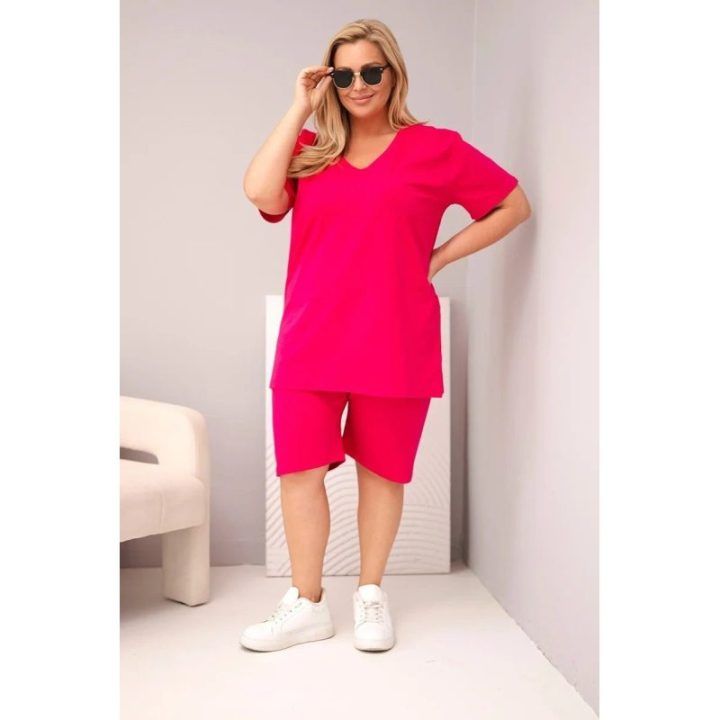 Moteriškas Plus Size medvilninis komplektas su palaidine ir šortais, fuksijos spalvos