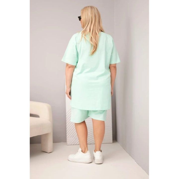 Moteriškas Plus Size medvilninis komplektas su palaidine ir šortais, mėtų spalvos