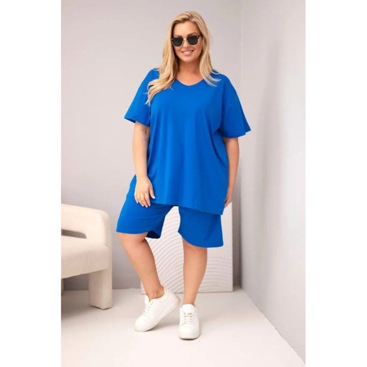 Moteriškas Plus Size medvilninis komplektas su palaidine ir šortais, rugiagėlių mėlynos spalvos