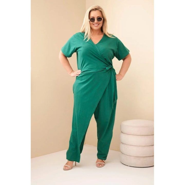 Moteriškas Plus Size kombinezonas su surišimu ties juosmeniu, žalias
