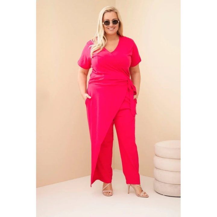 Moteriškas Plus Size kombinezonas su surišimu ties juosmeniu, fuksijos spalvos
