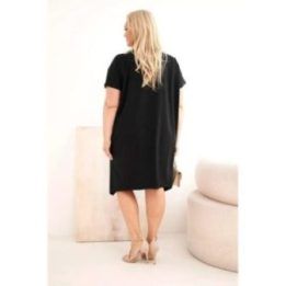Moteriška Plus Size medvilninė suknelė su sage ir V formos iškirpte, juoda