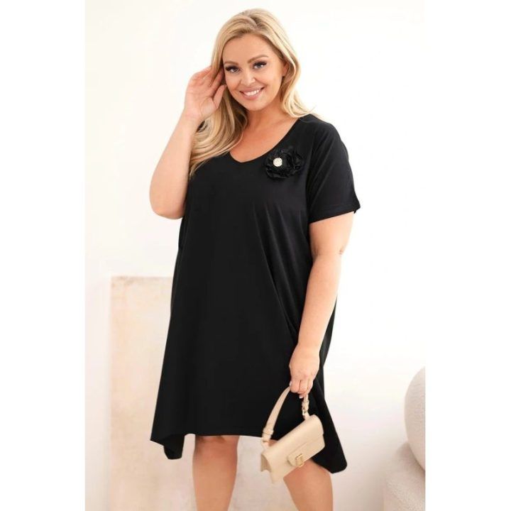 Moteriška Plus Size medvilninė suknelė su sage ir V formos iškirpte, juoda