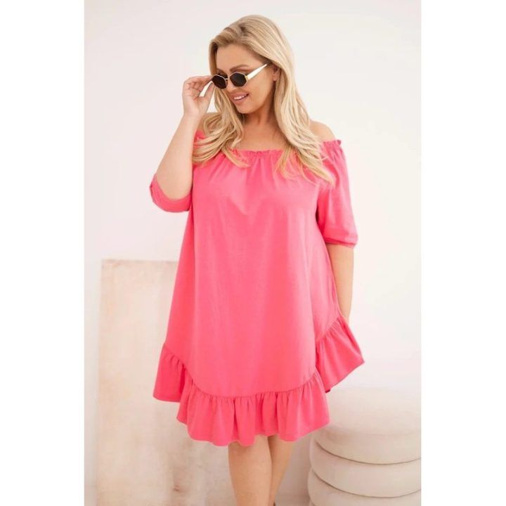Moteriška Plus Size medvilninė suknelė su raukiniais, rožinė