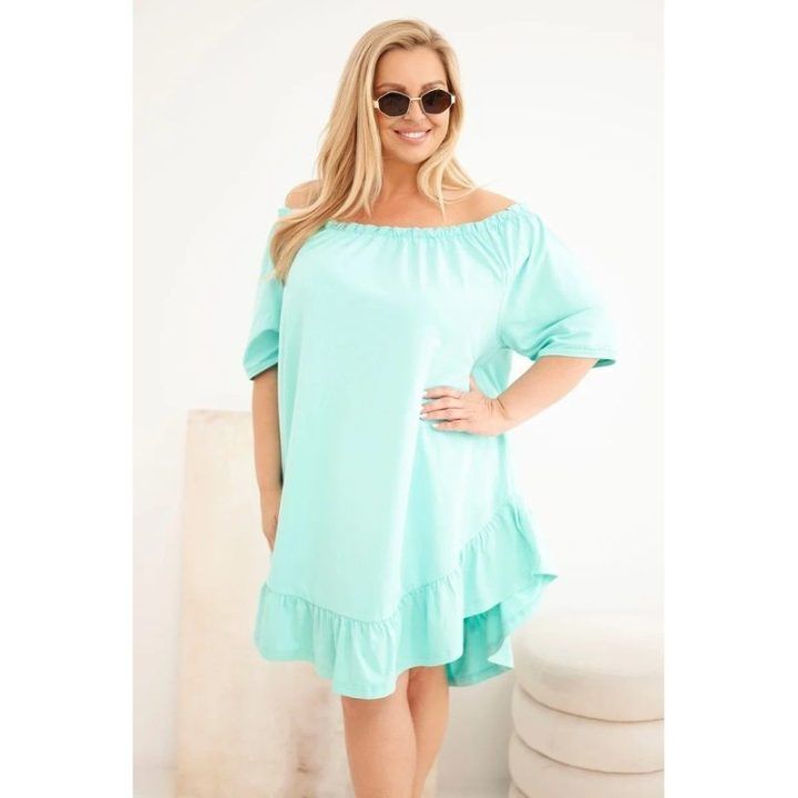 Moteriška Plus Size medvilninė suknelė su raukiniais, mėtų spalvos