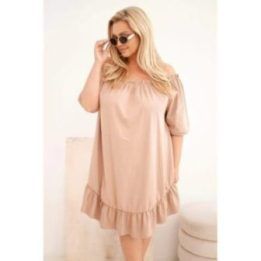 Moteriška Plus Size medvilninė suknelė su raukiniais, fango spalvos