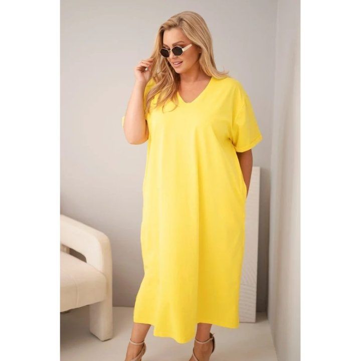 Moteriška Plus Size suknelė su V formos iškirpte, geltona