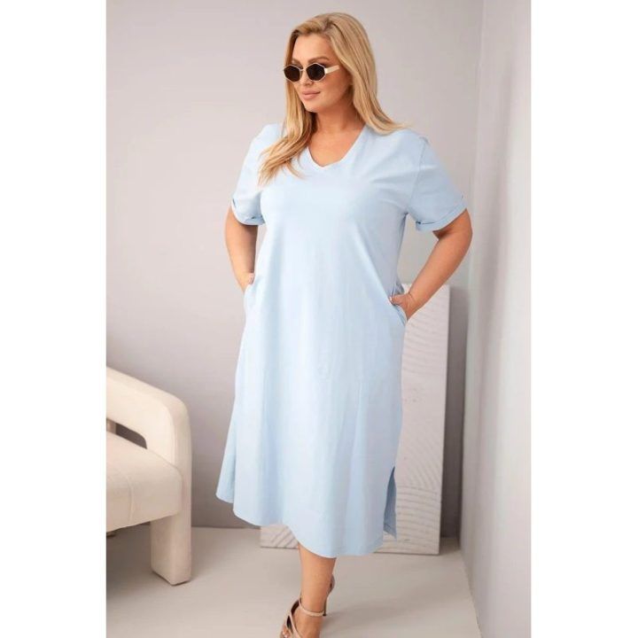 Moteriška Plus Size suknelė su V formos iškirpte, mėlyna