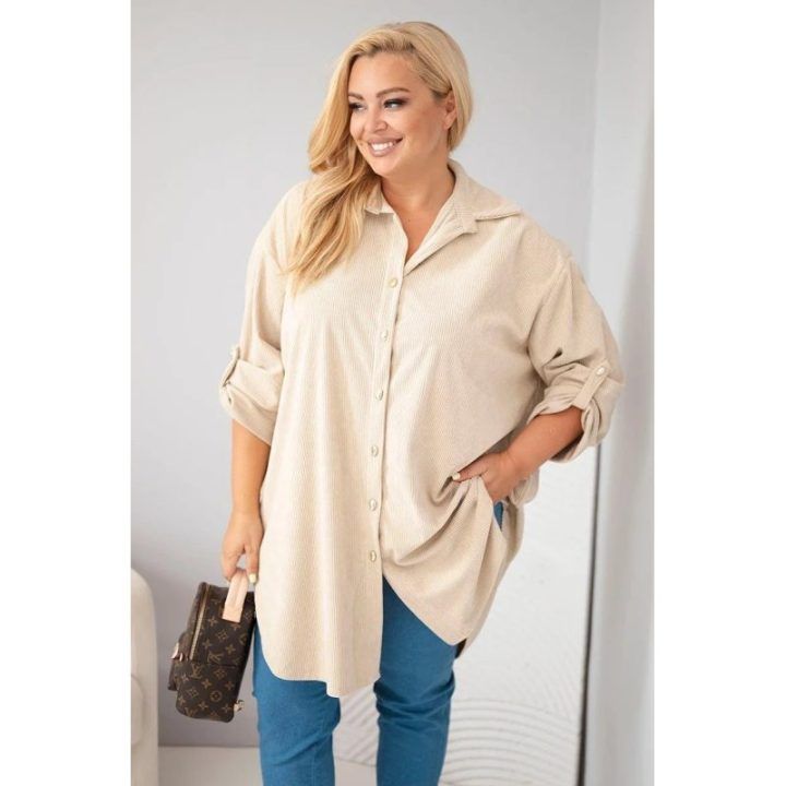 Moteriški Plus Size marškiniai su vintažinio tipo faktūra, smėlio spalvos