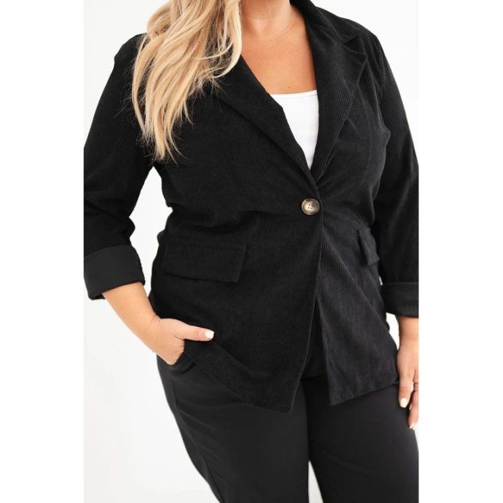 Moteriška Plus Size sztrukso stiliaus striukė su atvartais ir kišenėmis, juoda