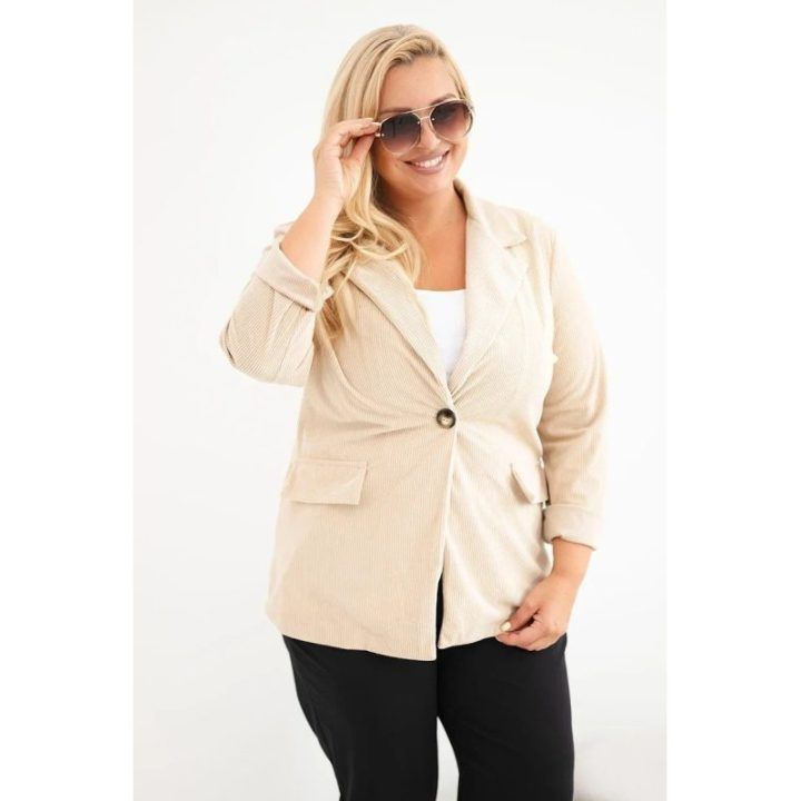 Moteriška Plus Size švarkelė su atvartais ir kišenėmis, smėlio spalvos
