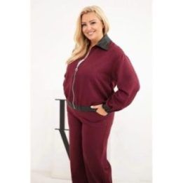 Moteriškas Plus Size komplektas su užtrauktuku ir plačiomis kelnėmis, bordo spalvos