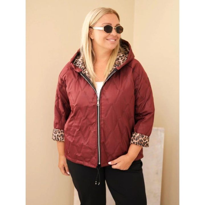Moteriška Plus Size striukė su gobtuvu ir leopardo rašto apdaila, burgundiška