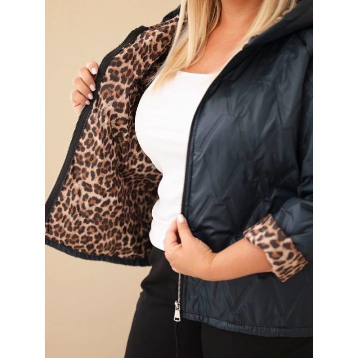 Moteriška Plus Size striukė su gobtuvu ir leopardo rašto apdaila, tamsiai mėlyna