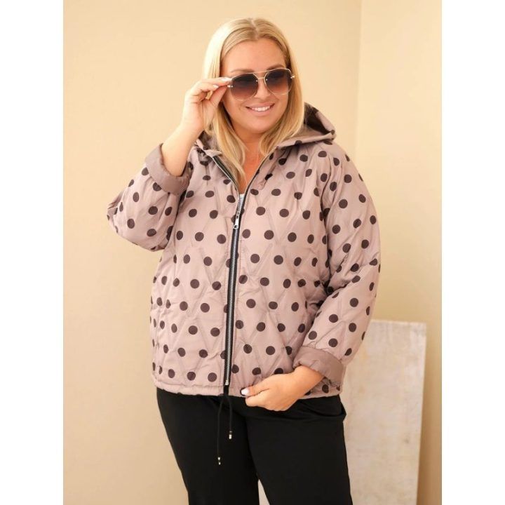 Moteriška Plus Size striukė su gobtuvu ir taškuotu raštu, fango spalvos