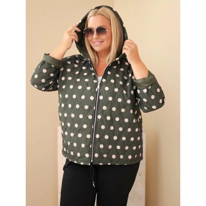 Moteriška Plus Size striukė su taškuotu raštu ir gobtuvu, chaki spalvos
